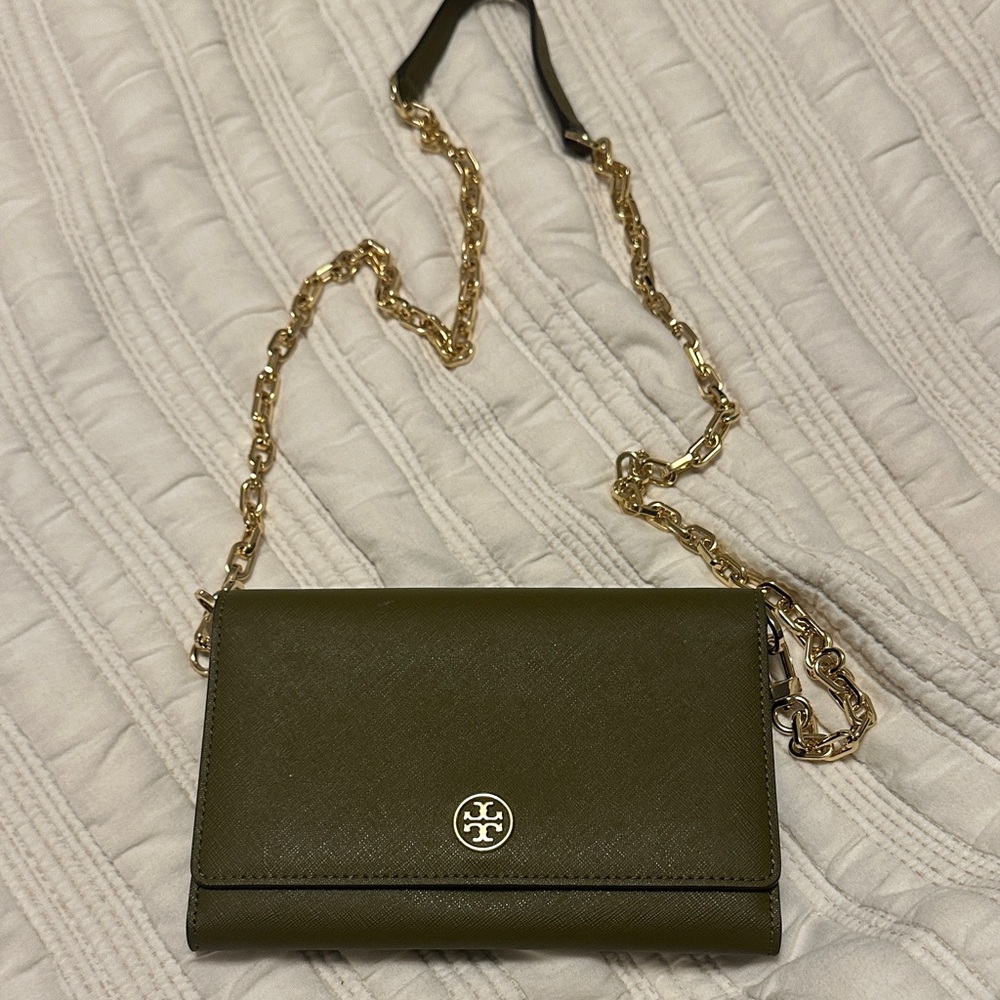 Tory Burch Dark Green Crossbody Bag with Gold Chain